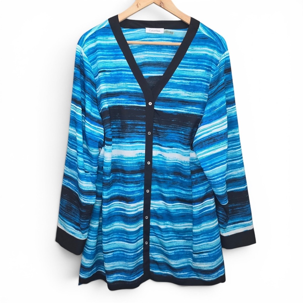 Calvin Klein Top Womens Plus 2X Blue Button Up Striped Roll Tab Sleeve Blouse